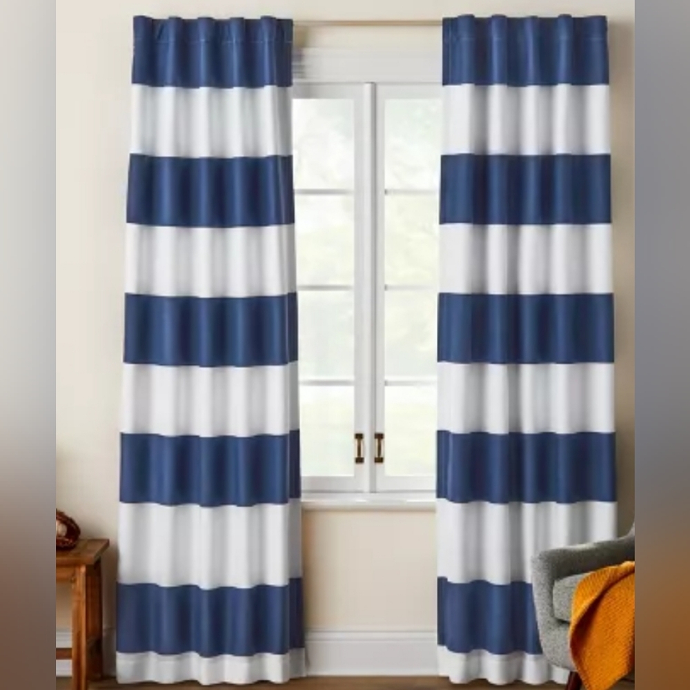 Pillowfort 99.9% blackout navy white rugby stripe 84x42 curtain panel